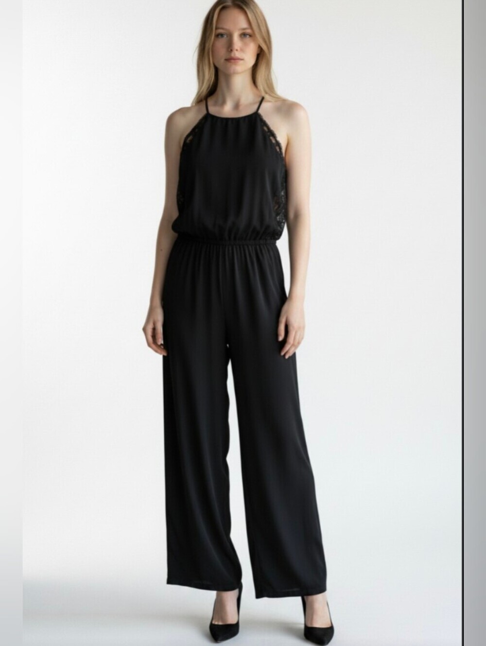 NWT@$98! BCBGENERATION! LUXE BLACK STRETCH LACE BODICE JUMPSUIT, ONESIE! SZ S